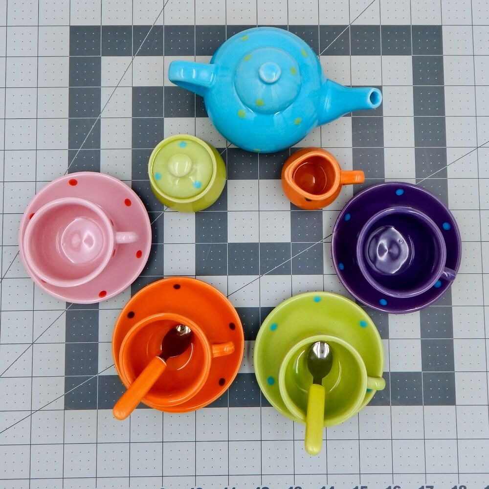 Polka Dot Child's Ceramic Tea Set Multi Color Frenzy Toys 13 Pieces Incomplete